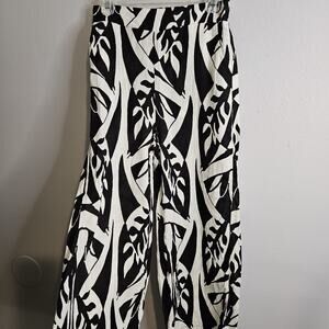 Rachel Zoe Cropped Linen Blend Pants Pull On High Rise Wide Leg Blk Ivory Sz S